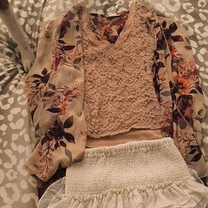 Floral Kimono and Lace Top Set